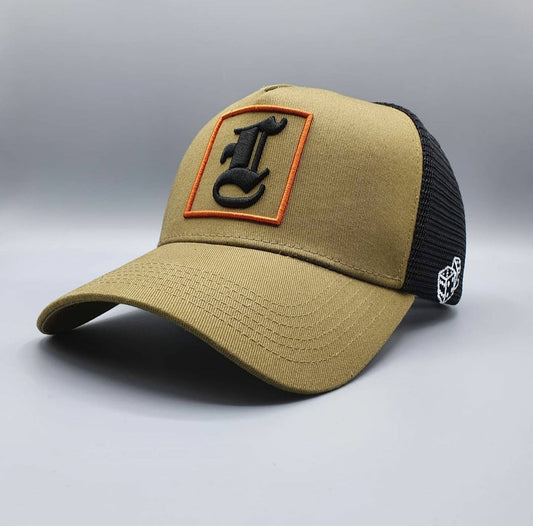 KHAKI AND SUNBURNT ORANGE  TRUCKER CAP - Lucido Clothing