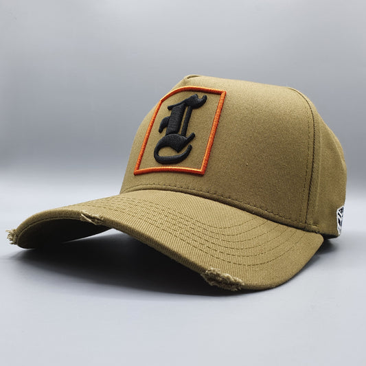 KHAKI AND SUNBURNT ORANGE DISTRESSED BASEBALL CAP - Lucido Clothing